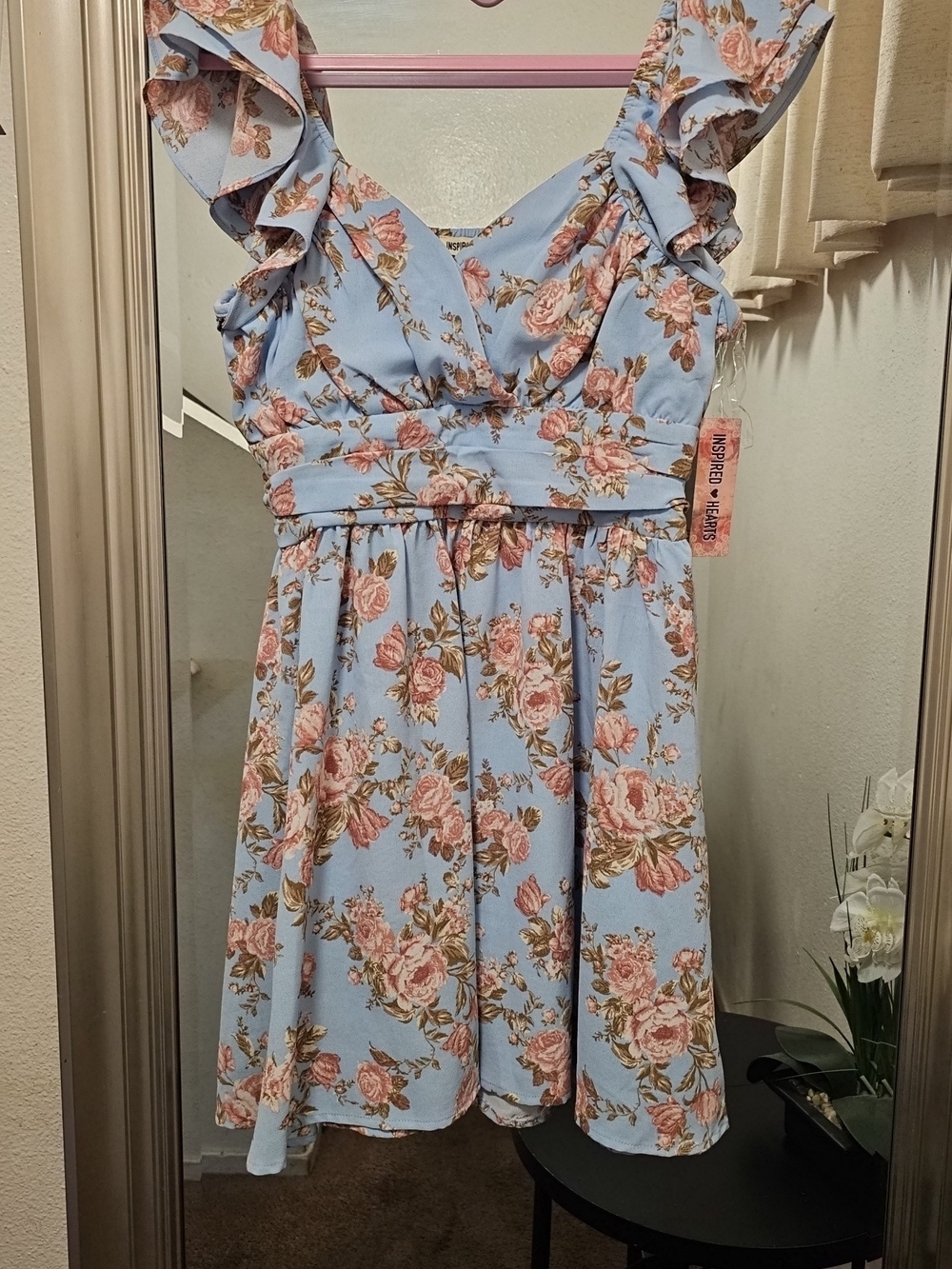 Floral Ruffle Strap Womens Dress in Light Blue and Pink